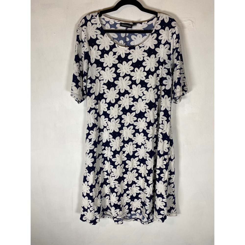 Nina Leonard Navy White Floral A-Line‎ Midi Dress Pockets Cottagecore Large